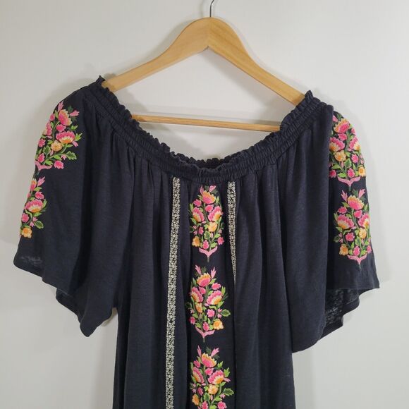 SUNDANCE Black Floral Path Dress Sz M Linen Embroidered Midi Off Shoulder Ruffle - Picture 5 of 12